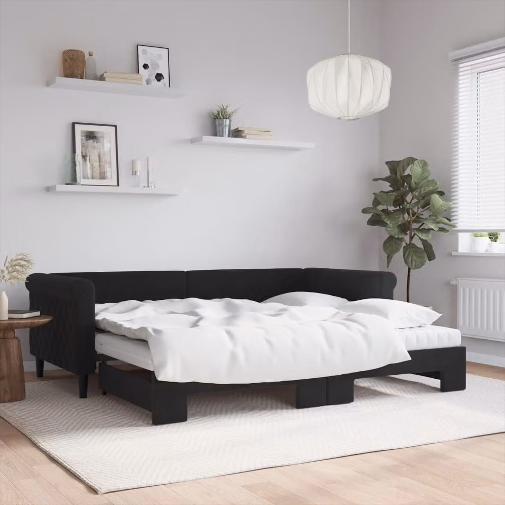 vidaXL Divano Letto Estraibile in Velluto Nero con Materasso L/P: 90 x 200 cm