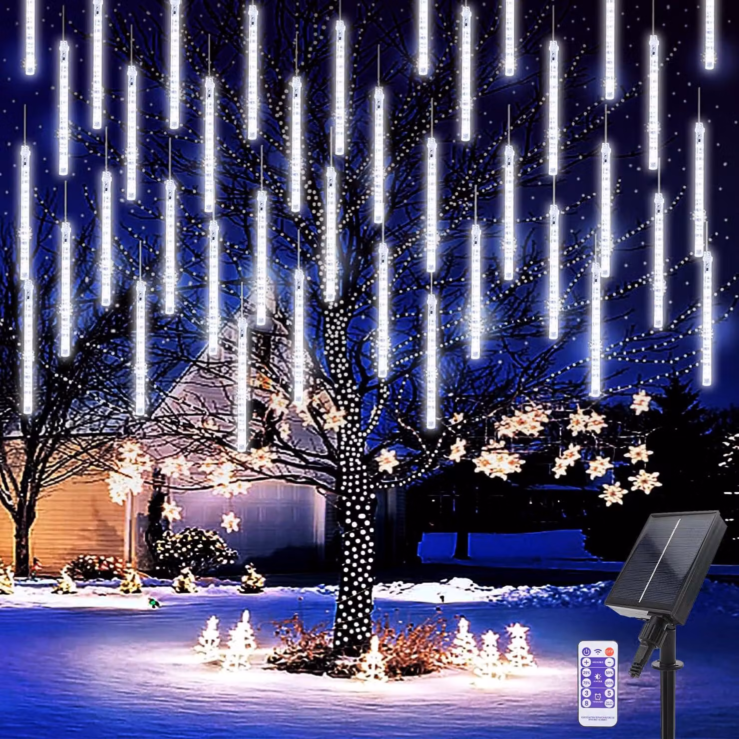 Catena luminosa solare con elementi a forma di meteoriti, 10 elementi, 240 LED, grado di protezione IP65