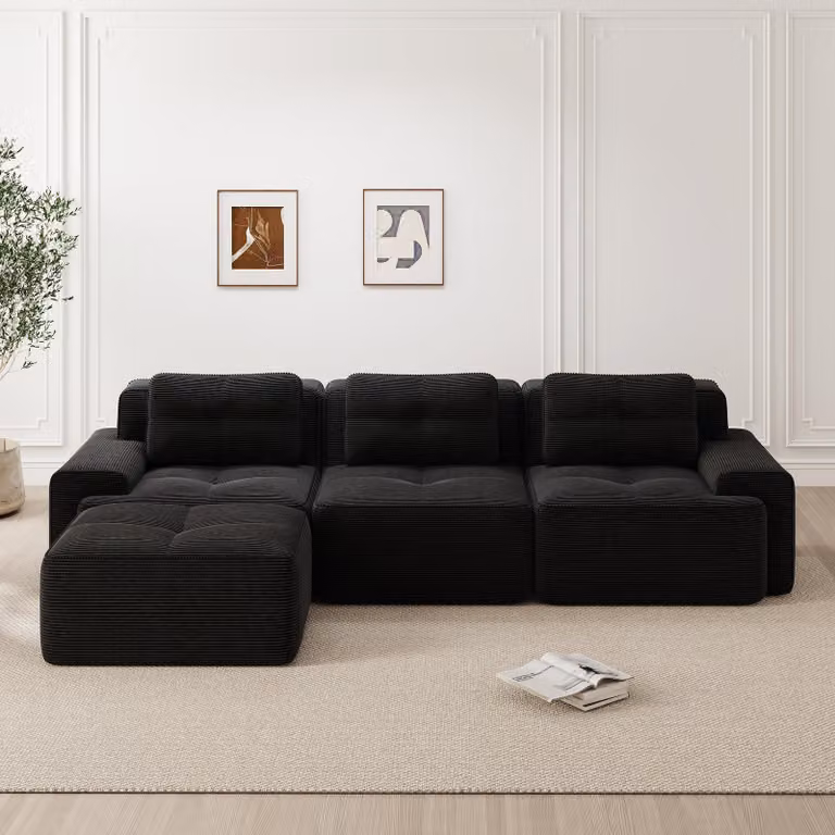 Divano modulare a forma di L, modello Cloud, 3 posti, con braccioli, poggiapiedi, senza necessità di montaggio, seduta profonda (nero)