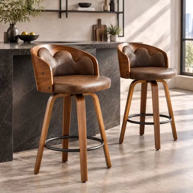Sgabello da bar moderno con schienale floreale in legno curvato, seduta imbottita in similpelle marrone e poggiapiedi, H: 89,0 cm, L: 46,5 cm – 1