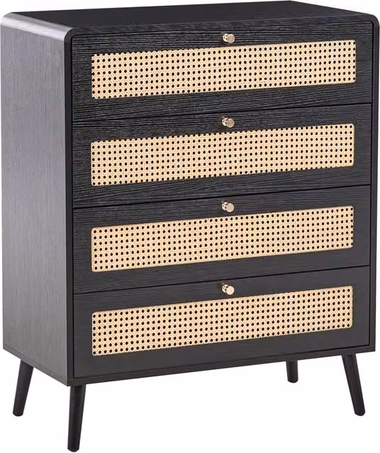 Cassettiera MDF 4 cassetti Gambe in legno Maniglie dorate Stile boho PE Rattan Nero
