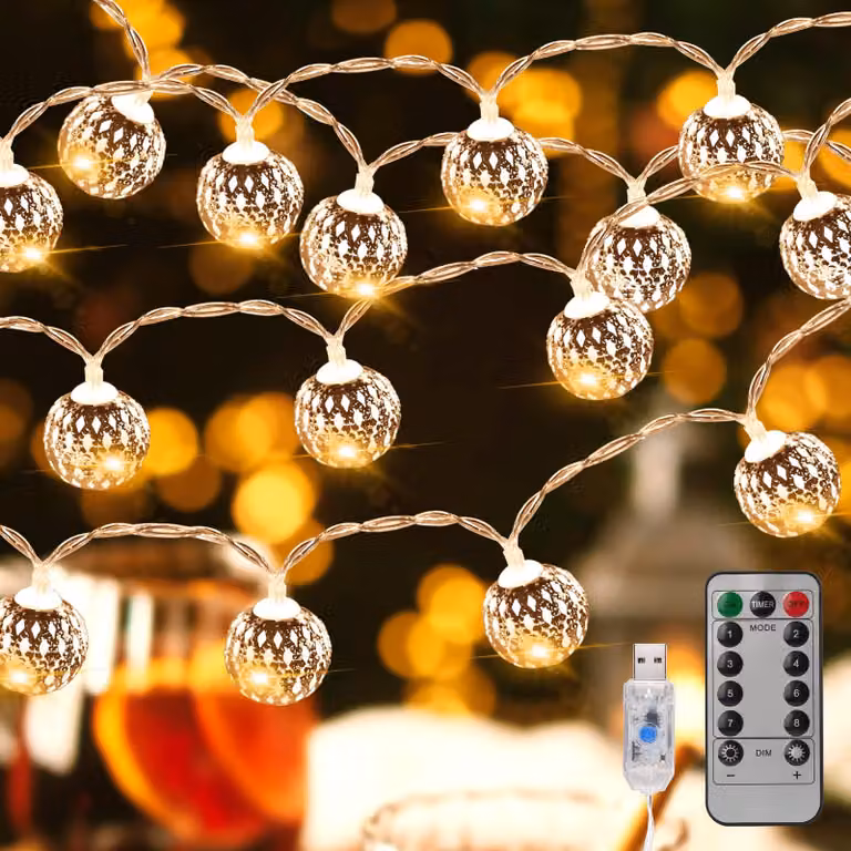 Catena luminosa a LED con 30 sfere argentate, lunghezza 4,5 metri, luce bianco caldo, alimentazione USB, con telecomando