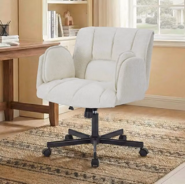 Sedia da ufficio girevole beige in tessuto con braccioli e ruote per home office moderno