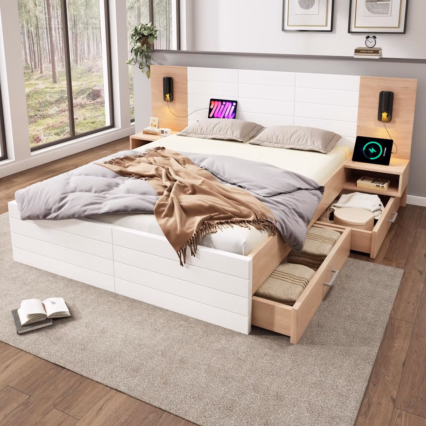Letto matrimoniale 160x200 cm con 2 comodini, 2 cassetti, luce da lettura a 360° e porta USB, rete a doghe, legno massello/MDF, bianco/noce