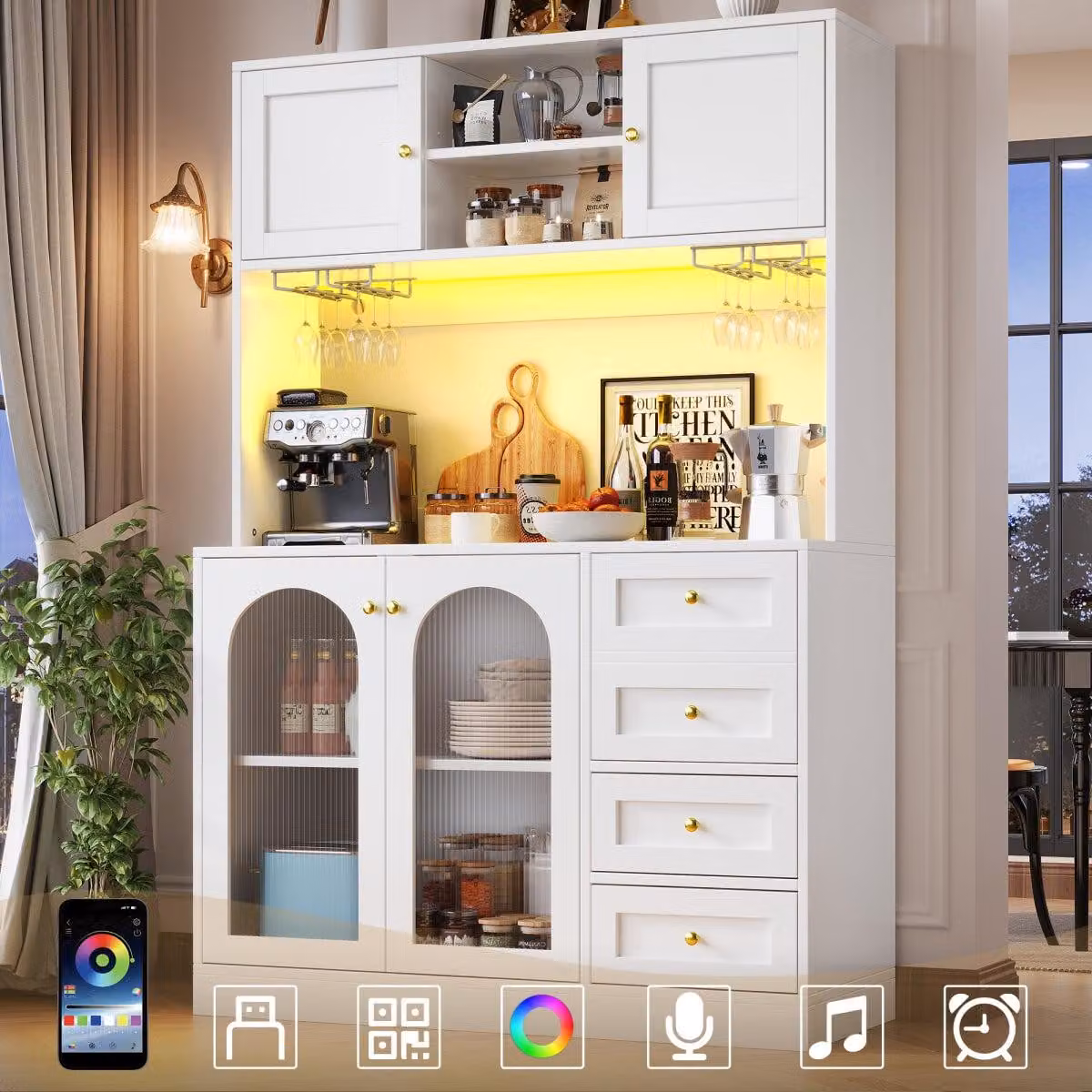 Credenza 120x40x188 cm, mobiletto buffet, mobile da cucina, dispensa, stile rustico, 4 ante, illuminazione LED, bianco
