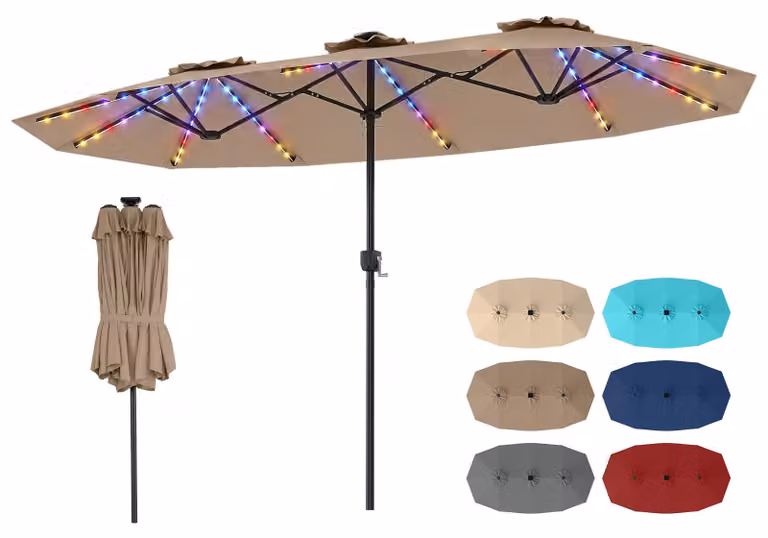 Ombrellone doppio COSTWAY 375x200 cm, ombrellone da giardino con illuminazione solare a LED, 12 modalità di illuminazione, 2 opzioni di ricarica e manovella, ombrellone da terrazza marrone
