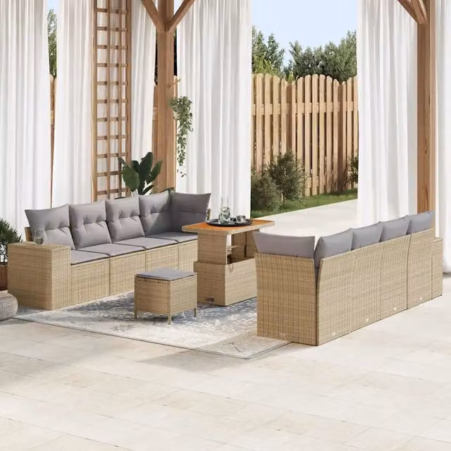 Set Divano da Giardino Moderno vidaXL con Poltrona, Ottoman, Tavolino e Cuscini, Colore Beige e Grigio, Struttura in Metallo e Accacia