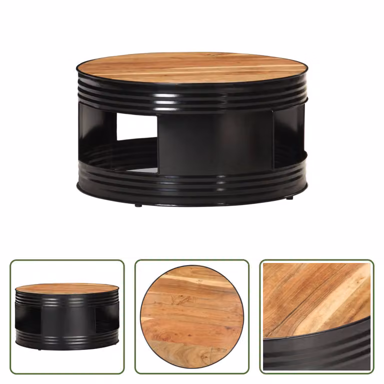 The Living Store Tavolino nero 68x68x36 cm in legno massello di acacia