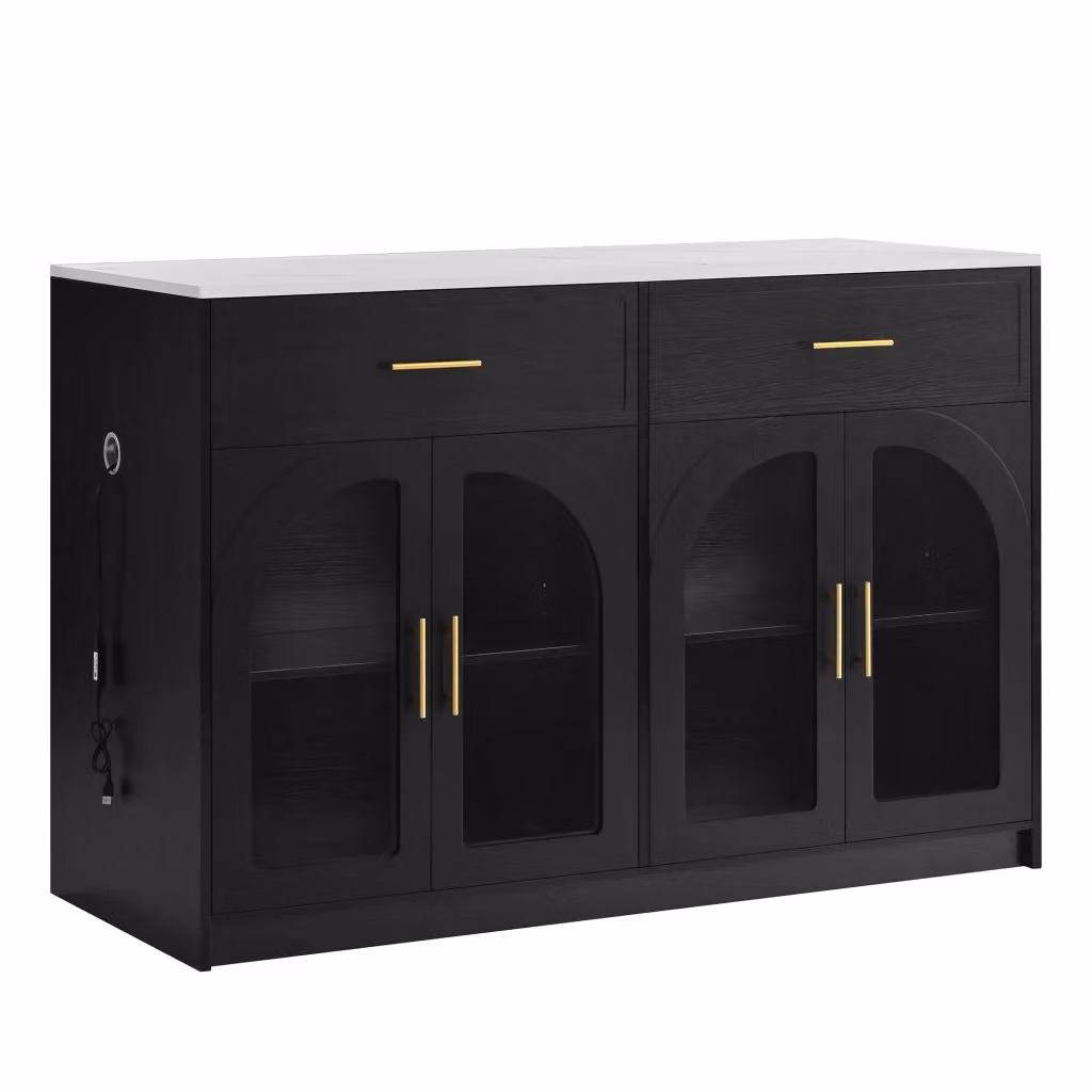 Credenza moderna Chicfurn con 2 cassetti, 2 ante in vetro, ripiani regolabili e illuminazione LED integrata, colore nero, L: 135 cm, P: 55 cm, H: 91 cm – 2