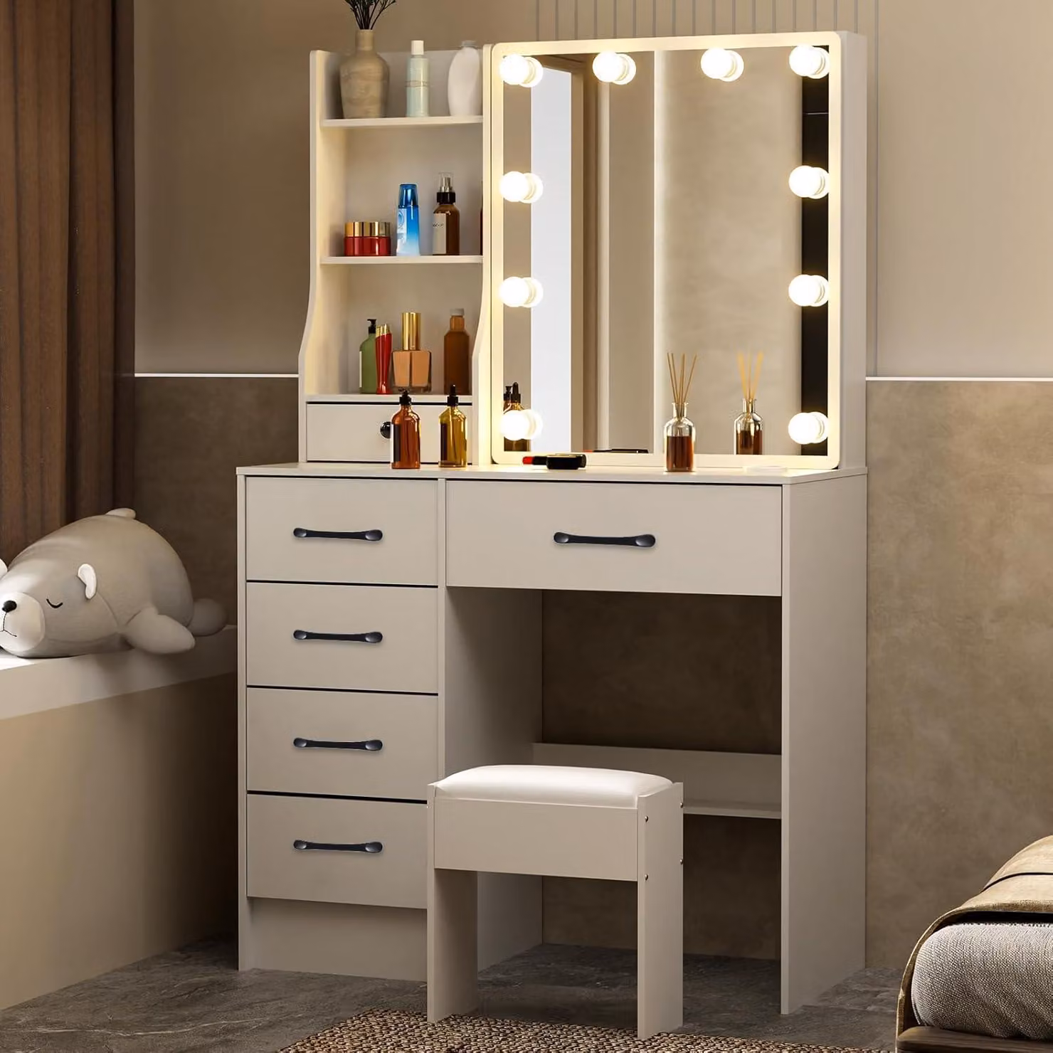 Tavolino da toilette con specchio sgabello 6 cassetti 6 ripiani 80x36x130cm