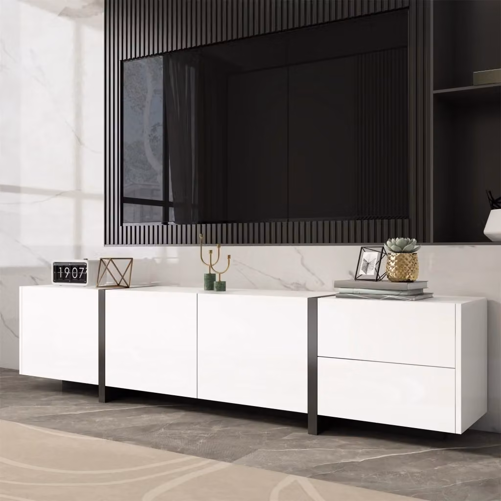Cassettiera per TV KOMHTOM bianca lucida con gambe nere e design minimalista, L: 170 cm, P: 39 cm, H: 30 cm – 2