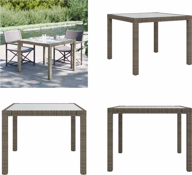 vidaXL Tavolo da giardino 90x90x75 cm Vetro temperato Poli rattan Grigio - Tavolo da giardino - Tavoli da giardino - Tavolo - Tavoli