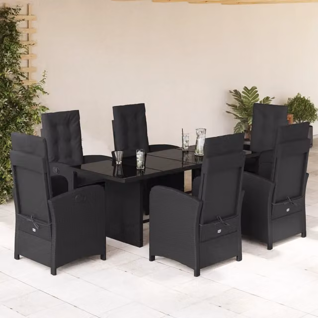 Set da pranzo da giardino vidaXL in polyrattan nero con cuscini e tavolo in vetro, 7 pezzi