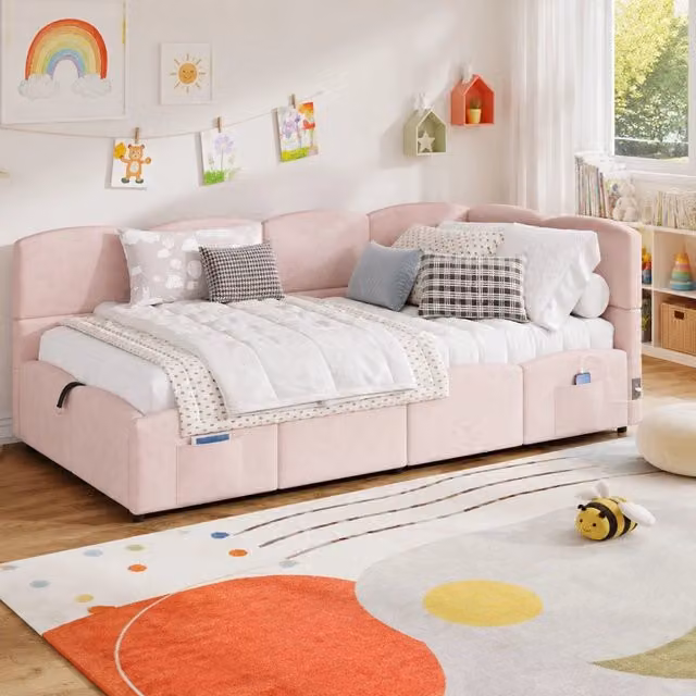 Divano letto 90x200 cm con contenitore idraulico, USB-A e USB-C in velluto rosa