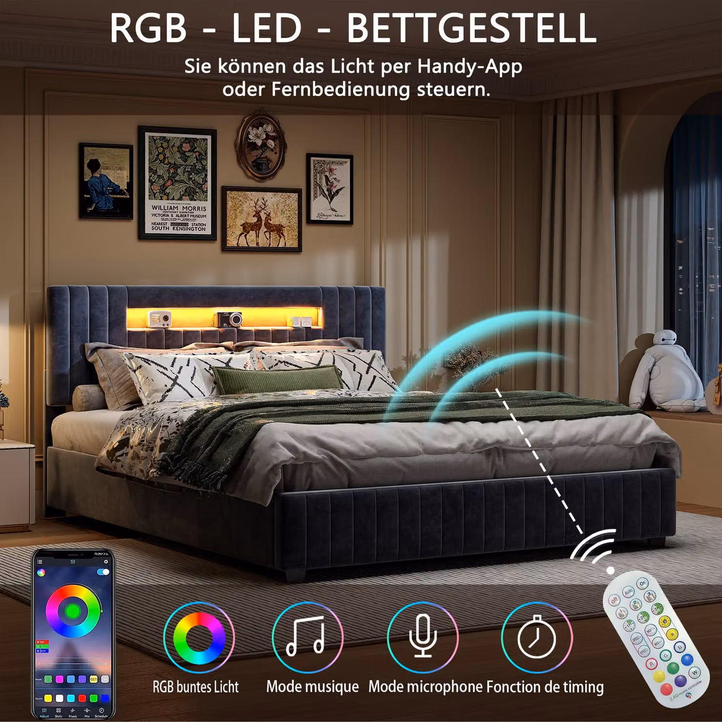 UnboxG Letto imbottito 140x200cm con rete a doghe, letto a molle idrauliche con led, letto contenitore letto matrimoniale, velluto, grigio