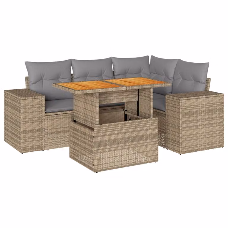 Set Divano da Giardino 5 pz con Cuscini Beige in Polyrattan