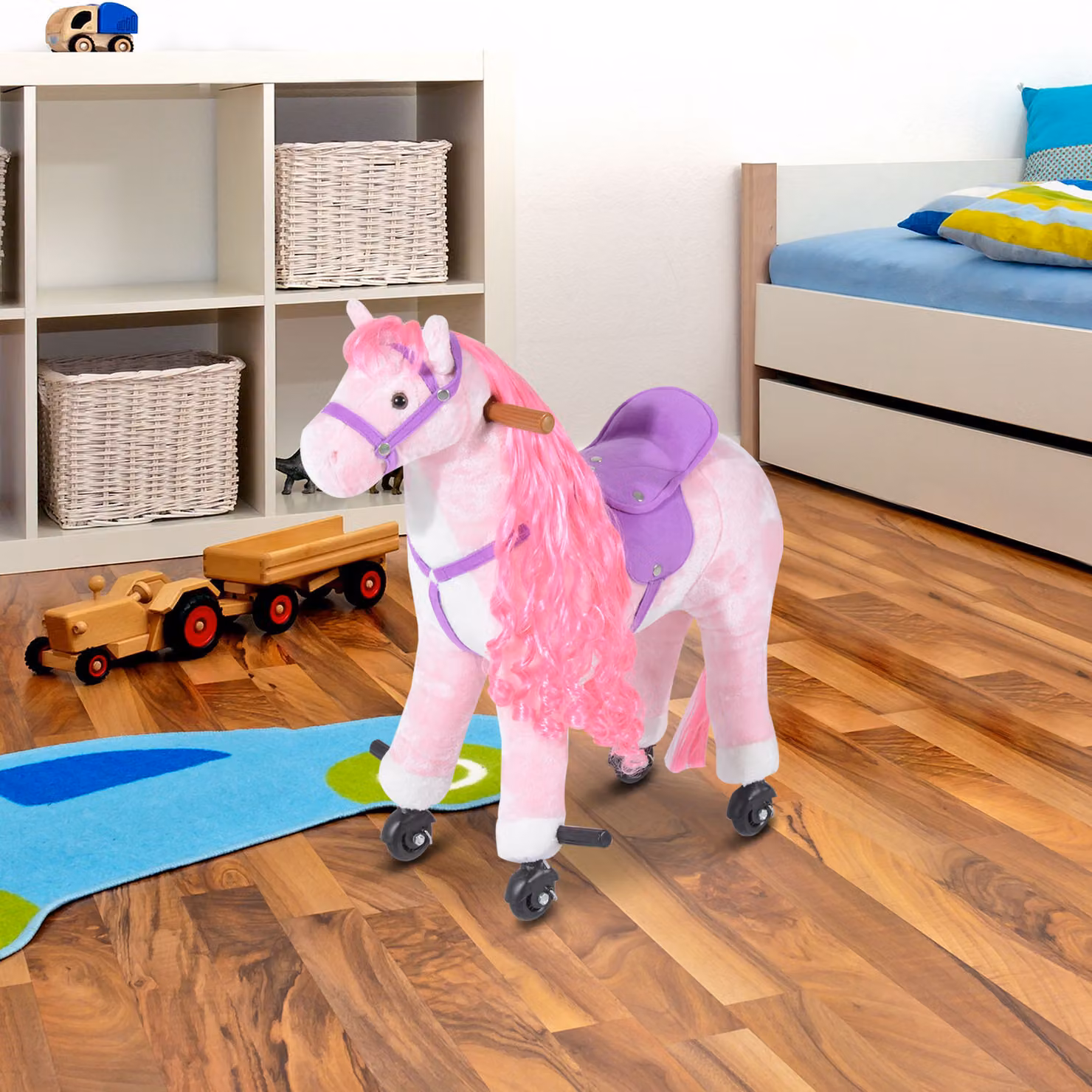 Cavallo a dondolo HOMCOM rosa per bambini con 4 rotelle, suoni realistici e poggiapiedi, L 65 cm x P 28 cm x H 75 cm – 2
