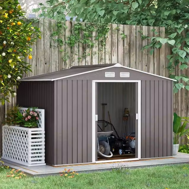 Casetta da giardino ULEVR 277x195x192 cm in acciaio grigio con 2 porte scorrevoli e aperture di ventilazione