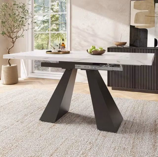 Tavolo da pranzo allungabile 99-159x74x77 cm con piano in MDF effetto marmo; bianco e nero