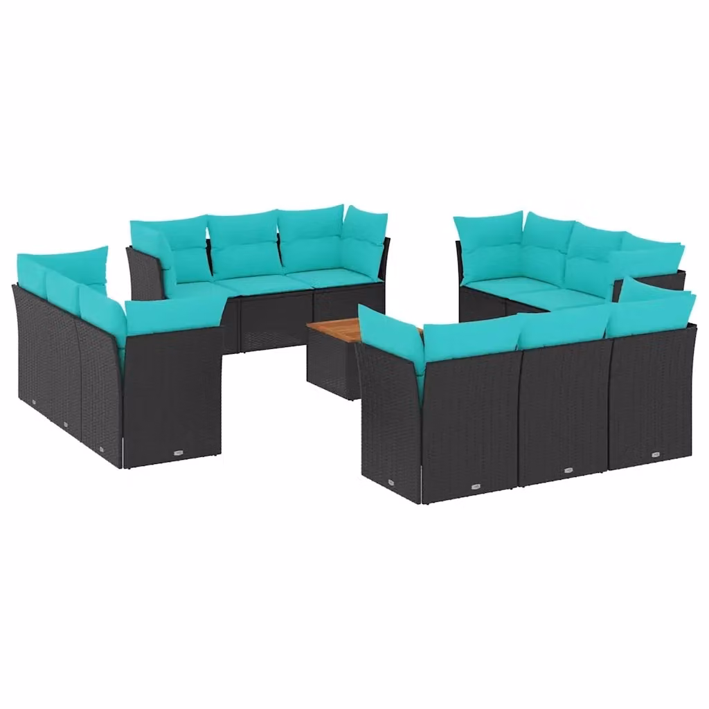 Set di Divani da Giardino a Forma di U con Cuscini vidaXL in Polyrattan Nero e Blu con Tavolino da Esterno – 2