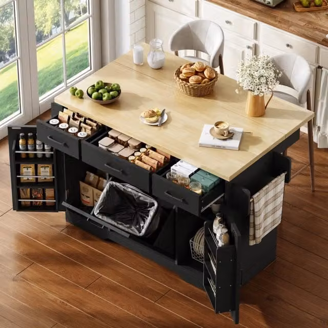 Isola da cucina mobile con piano ribaltabile; vano rifiuti e portaspzie; MDF nero 120 x 45(70) x 87 cm