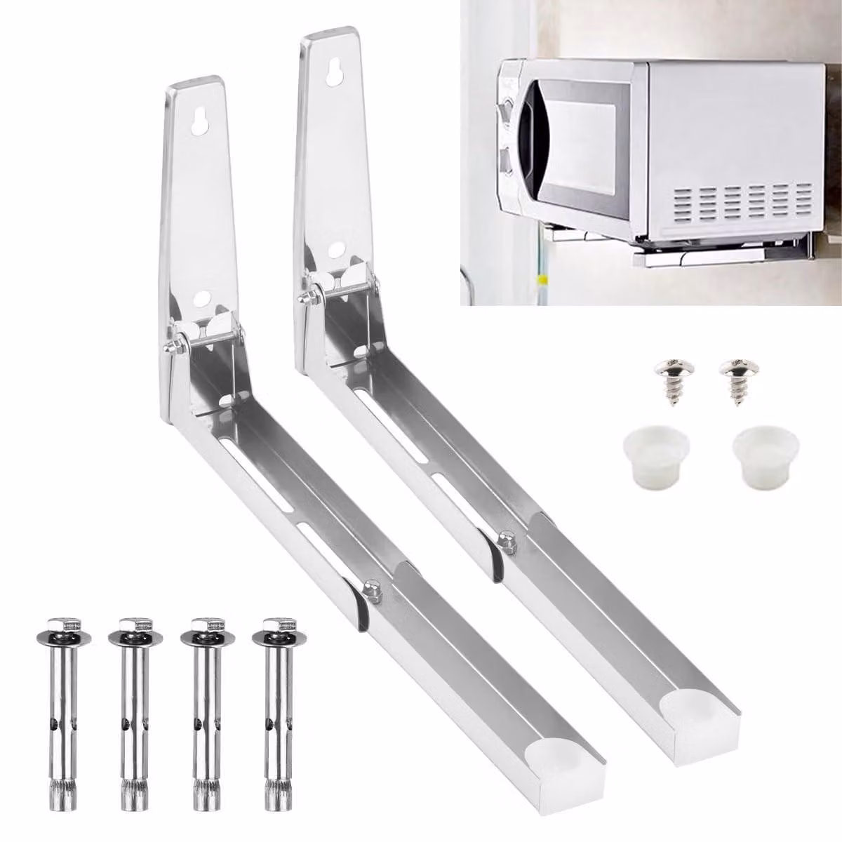Supporto per microonde in acciaio inossidabile 304 - Staffa a parete - Supporto per forno - Lunghezza regolabile da 200 a 350 mm - Confezione da 2 pezzi - Robusto e durevole - Ripiano per cucina