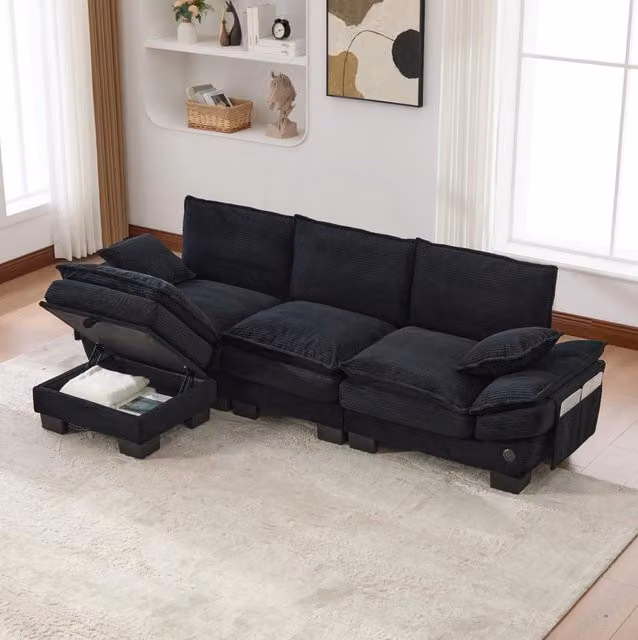 Divano modulare a 3 posti con pouf contenitore; in corduroy nero; 260 cm; con USB-C
