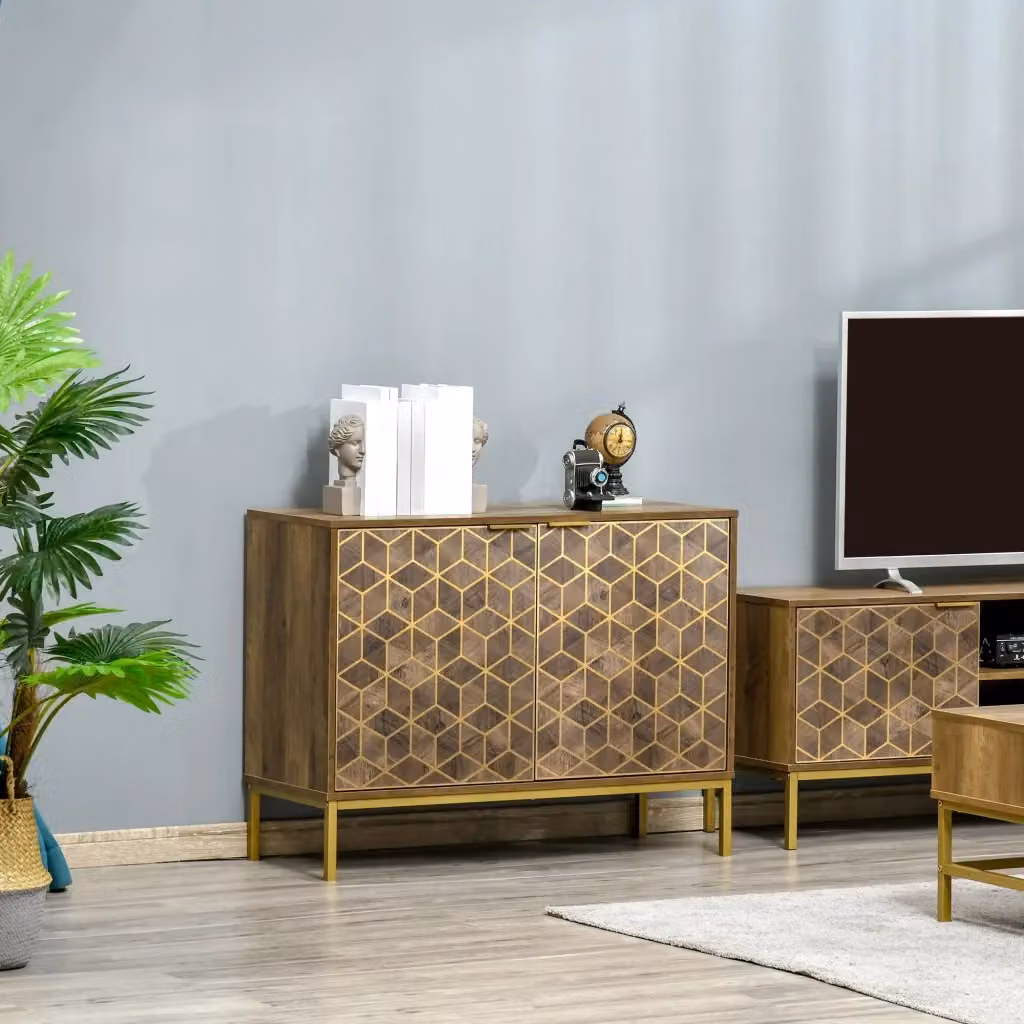 Mobile 2 Ante GIORDANOSHOP con Decori Geometrici e Gambe in Acciaio, Beige e Oro, L: 99 cm, P: 39 cm, H: 75,5 cm – 2