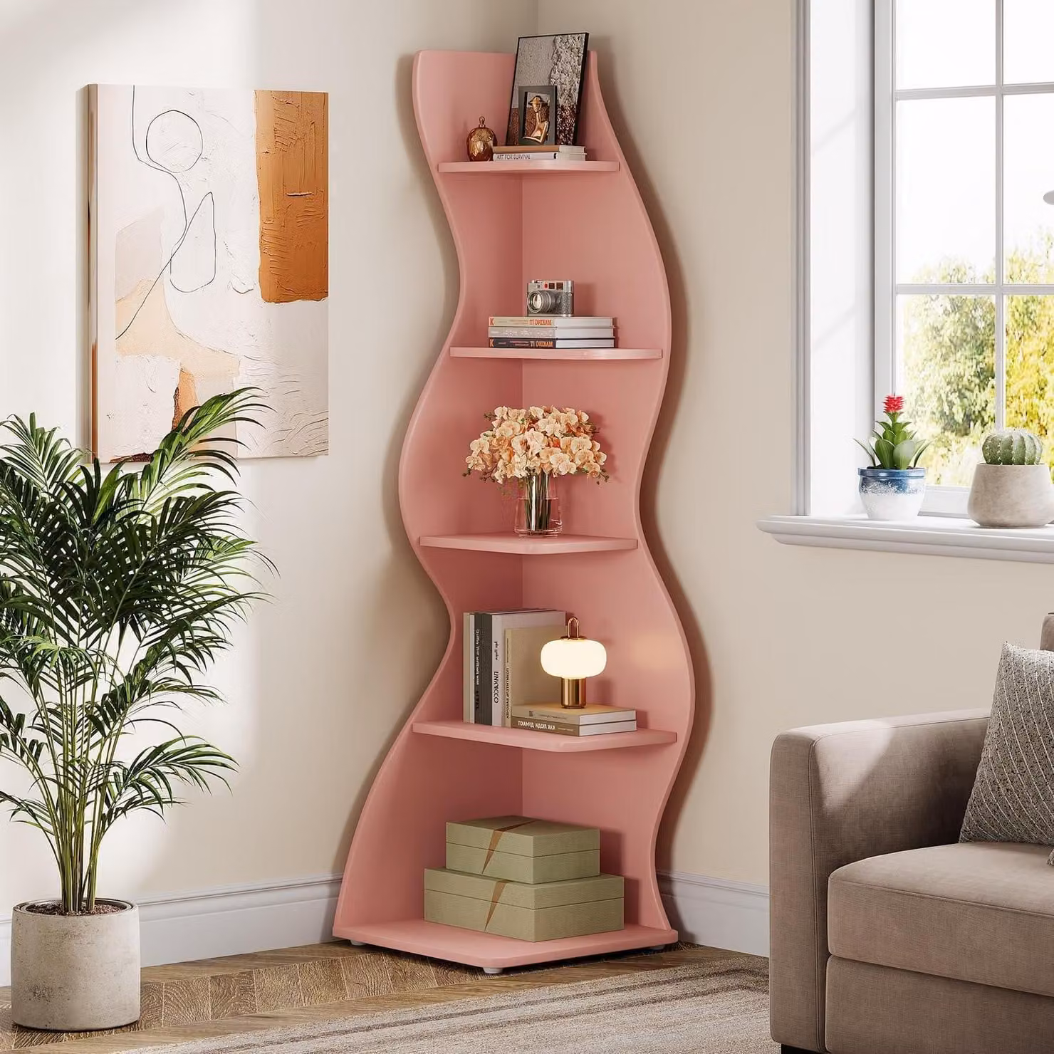 Scaffale angolare a 5 ripiani, forma a onda, colore rosa