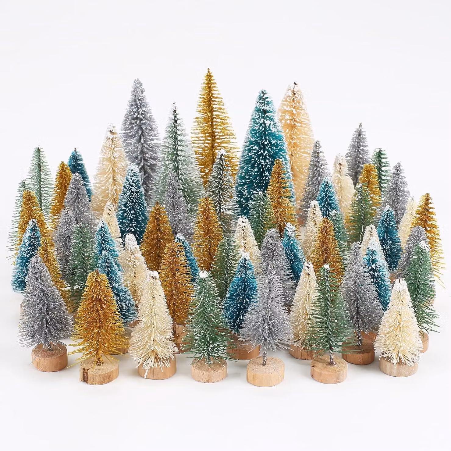 Albero di Natale artificiale, set mini da 60 pezzi, dimensioni 8,5/6,5/4,5 cm, con base in legno