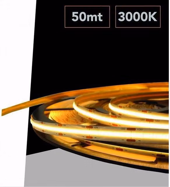 Trade Shop - Striscia Led Cob Strip Bobina 50mt 24volt Led Smd Luce 4000k 6500k 3000k Cob-50m - -bianco Caldo -