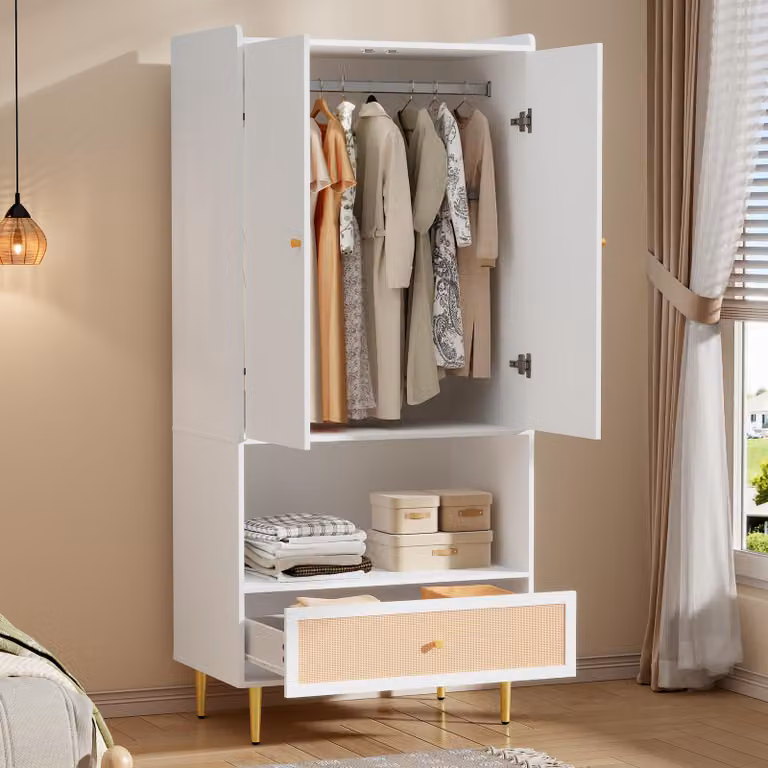 Armadio con ante battenti Merax con cassetto in rattan, appendiabiti, armadio guardaroba moderno, 80 × 48 × 175 cm, bianco