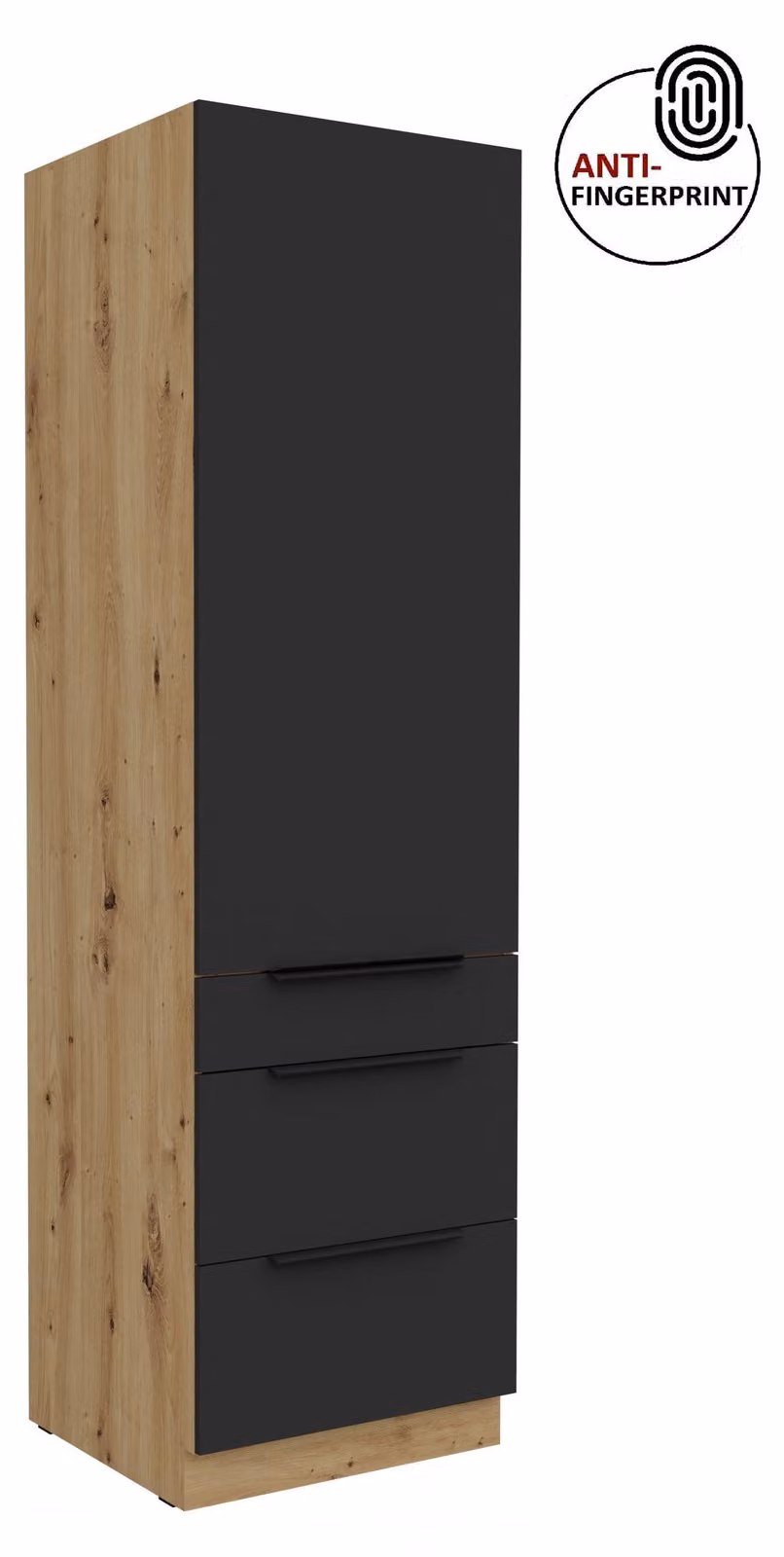 Armadio alto da cucina da 60 cm, cucina ARIA nero ultra opaco + rovere Artisan opaco, frontali di alta qualità con rivestimento anti-impronta, mobile da cucina con chiusura ammortizzata