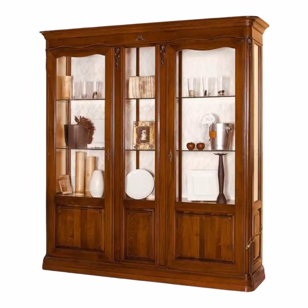 Cristalliera in stile arte povera MOBILI 2G con ante in vetro e fregi in legno, colore noce, L: 188 cm, P: 50 cm, H: 205 cm – 2