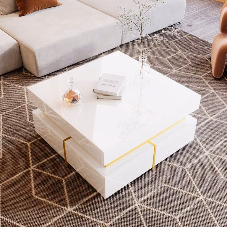 LVHOM Tavolino da caffè lucido con cassetti, tavolino Scandi, tavolo da soggiorno in legno, 70x70x35,5cm, bianco