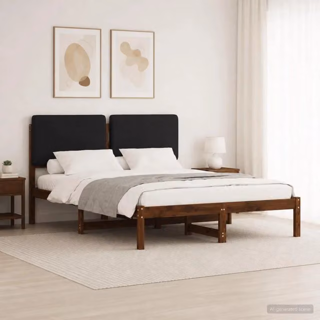 Letto moderno vidaXL con testiera rivestita in tessuto e struttura in legno di acacia, marrone e nero, L/P/H: 120 x 200 x 85 cm – 1