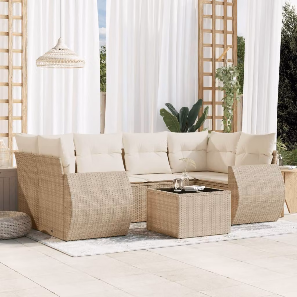 Set di divani da giardino vidaXL in polyrattan beige con cuscini e tavolino da esterno a forma di L