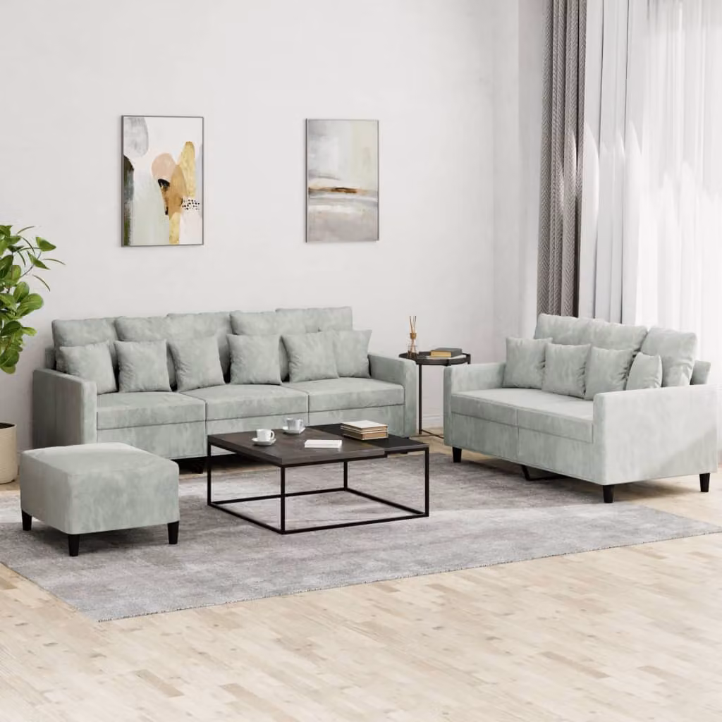 Set di divani vidaXL 3 pezzi in velluto grigio con pouf e cuscini per soggiorno – 1