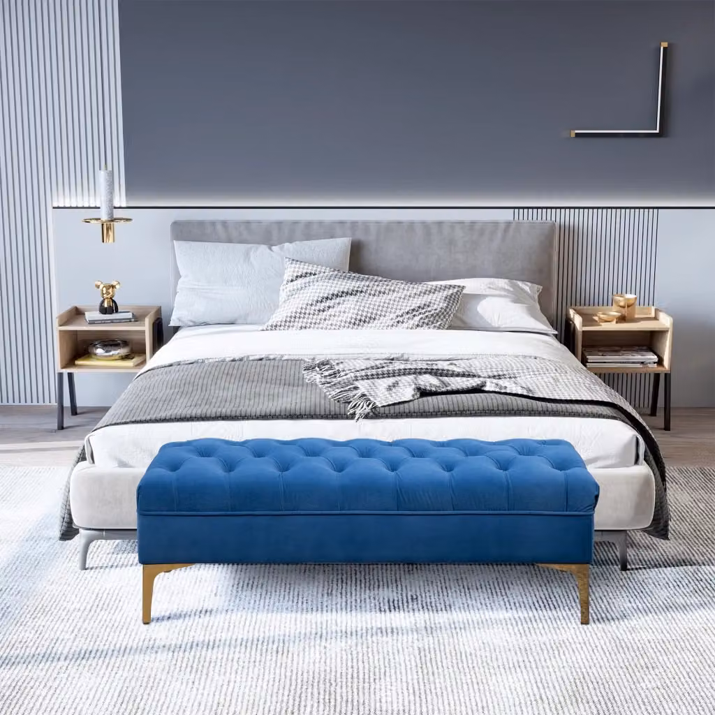 EasyComfort Panca Imbottita in Velluto Blu con Base in Metallo Dorato, L: 120 cm, P: 45 cm, H: 42 cm – 2