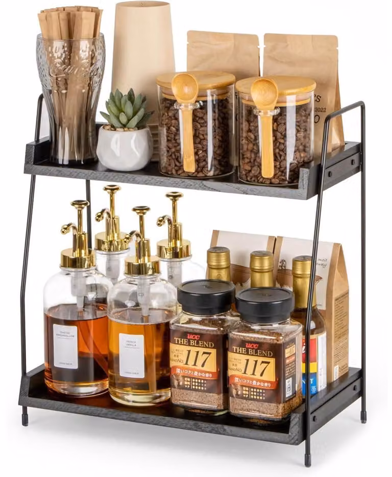 Organizzatore da cucina in legno, scaffale a 2 livelli per la preparazione del caffè, da appoggiare sul piano di lavoro, colore nero