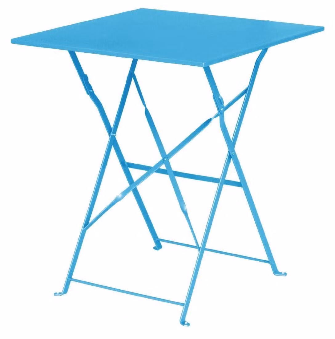 Tavolo quadrato pieghevole, colore blu, in acciaio, dimensioni 71x60x60 cm