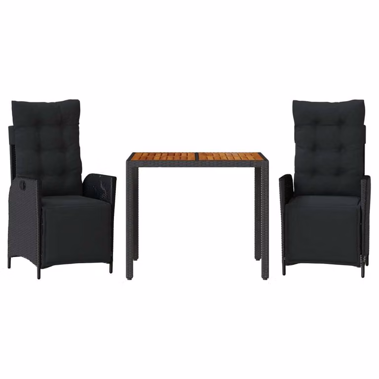 Set da Pranzo da Giardino 3 pz con Cuscini Nero in Polyrattan