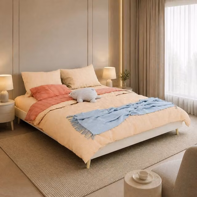 Letto imbottito matrimoniale 160 × 200 cm beige in tessuto con testiera geometrica e rete a doghe