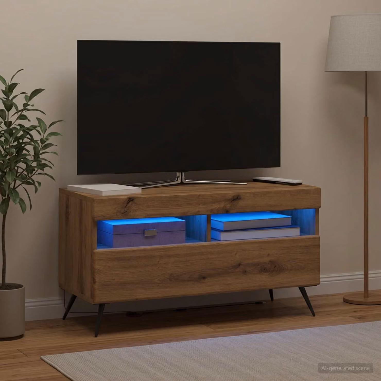 Mobile TV stand vidaXL in legno ingegnerizzato rovere con illuminazione integrata e vani porta media, colore marrone, L: 81 cm, P: 35 cm, H: 43 cm