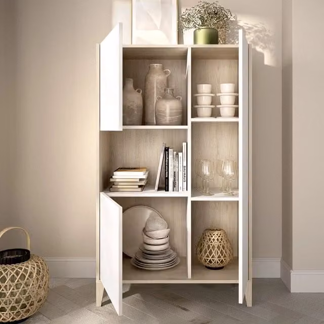 Madia Cleburne DMORA Credenza Moderna con 4 Ripiani, Bianco e Marrone, L/P/H: 81 x 43 x 138 cm
