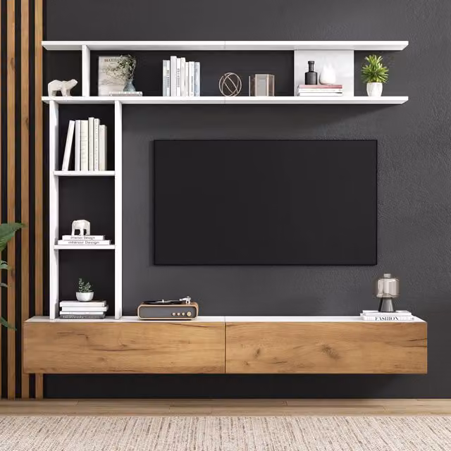 Mobile TV Parete attrezzata REDOM per soggiorno Bianco e Rovere L: 180 cm, P: 35 cm, H: 22,5 cm