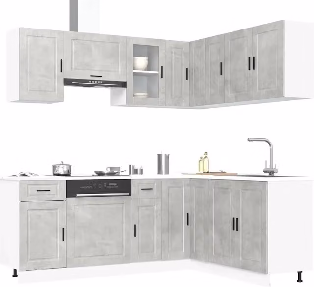Set di mobili da cucina moderno vidaXL in legno e vetro, colore grigio, 11 pezzi con ante a battente e scaffali interni