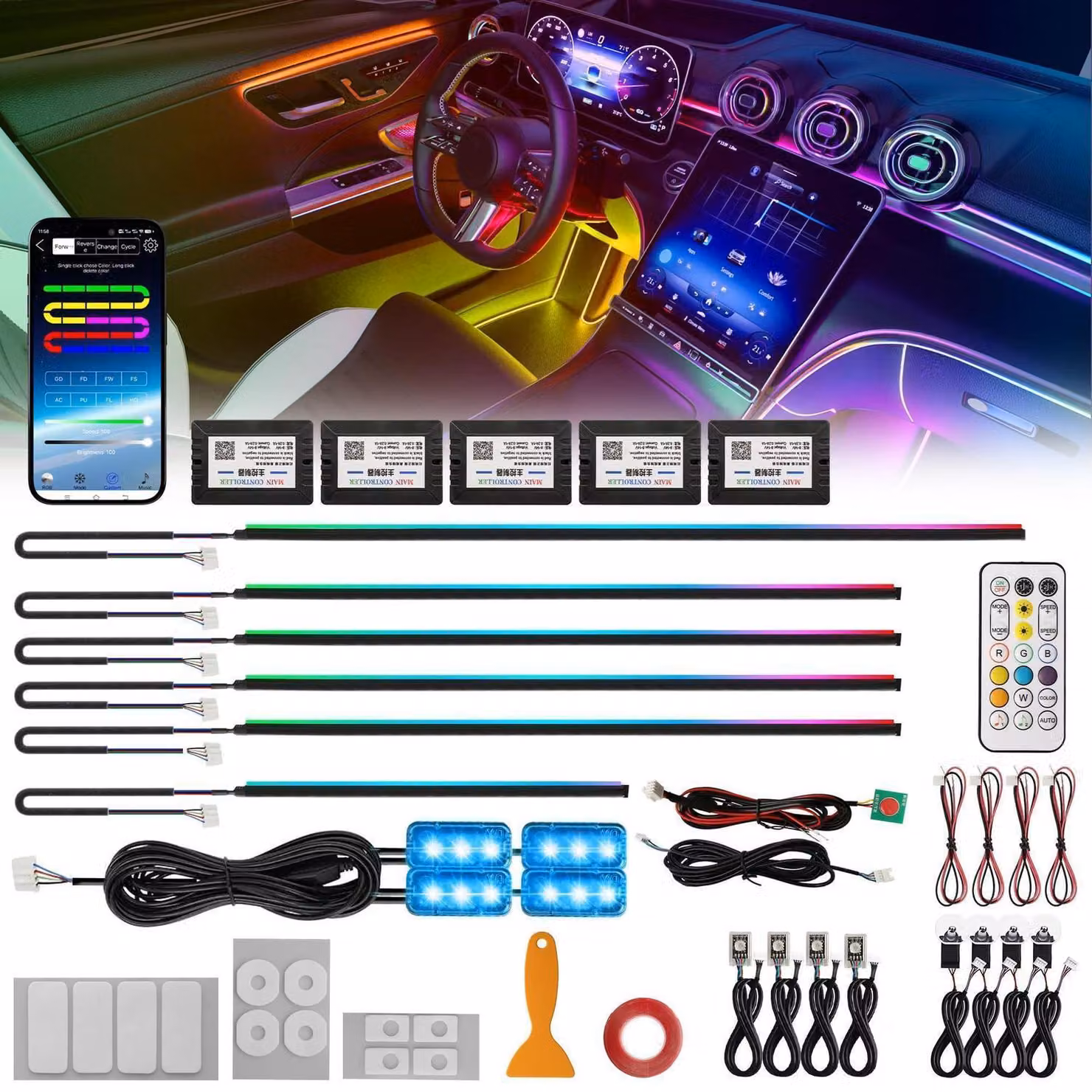 Kit di illuminazione interna a LED, 18 in 1, con luci ambiente RGB per auto, 12V, con strisce in fibra ottica in acrilico e controllo tramite app