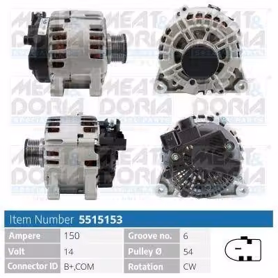 MEAT & DORIA 5515153 Alternatore 150 A 14 V per FORD Fiesta Mk6 berlina (JA8, JR8), FOCUS III station wagon, MONDEO IV station wagon (BA7) e S-MAX