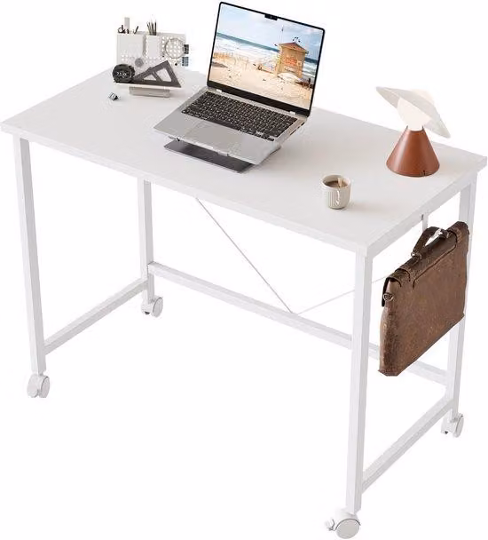 Uniqoos® Scrivania 80x40 cm – compatta e moderna, struttura in acciaio a forma di V con rotelle, salvaspazio ideale per l'ufficio domestico e per studenti, realizzata in pannello di particelle di legno